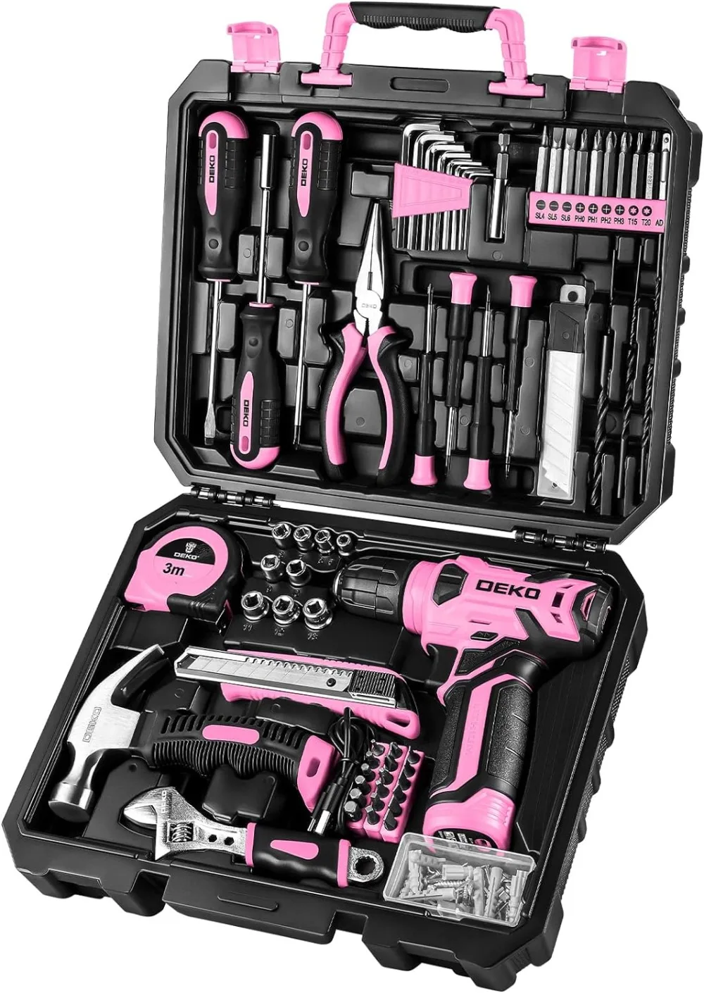 

DEKOPRO Drill Set: Tool Set with 8V Pink Cordless Drill, Home Tool Kit with Drill, Hand Tool Kits for Women 126 Piece