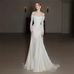 Elegant Off Shoulder Long Sleeved Fashionable Lace White Wedding Dress, Retro Satin Trailing Wedding Dress Customized