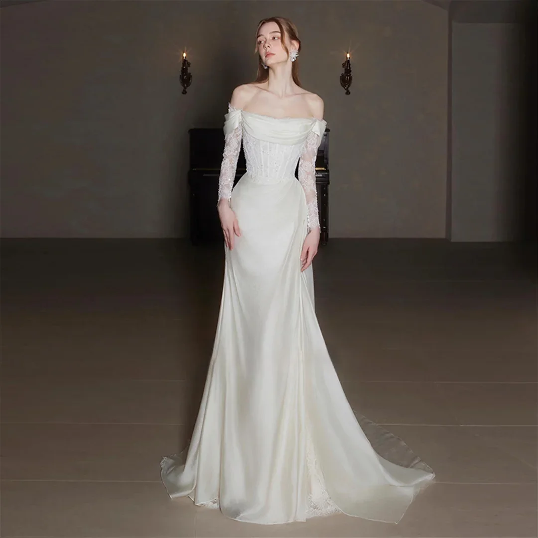 Elegant Off Shoulder Long Sleeved Fashionable Lace White Wedding Dress, Retro Satin Trailing Wedding Dress Customized
