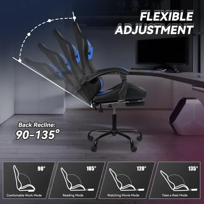 Gaming Chair with LED Light Control, Adjustable Backrest and Seat Height Swivel Recliner, Racing Style Ergonomic Office Computer