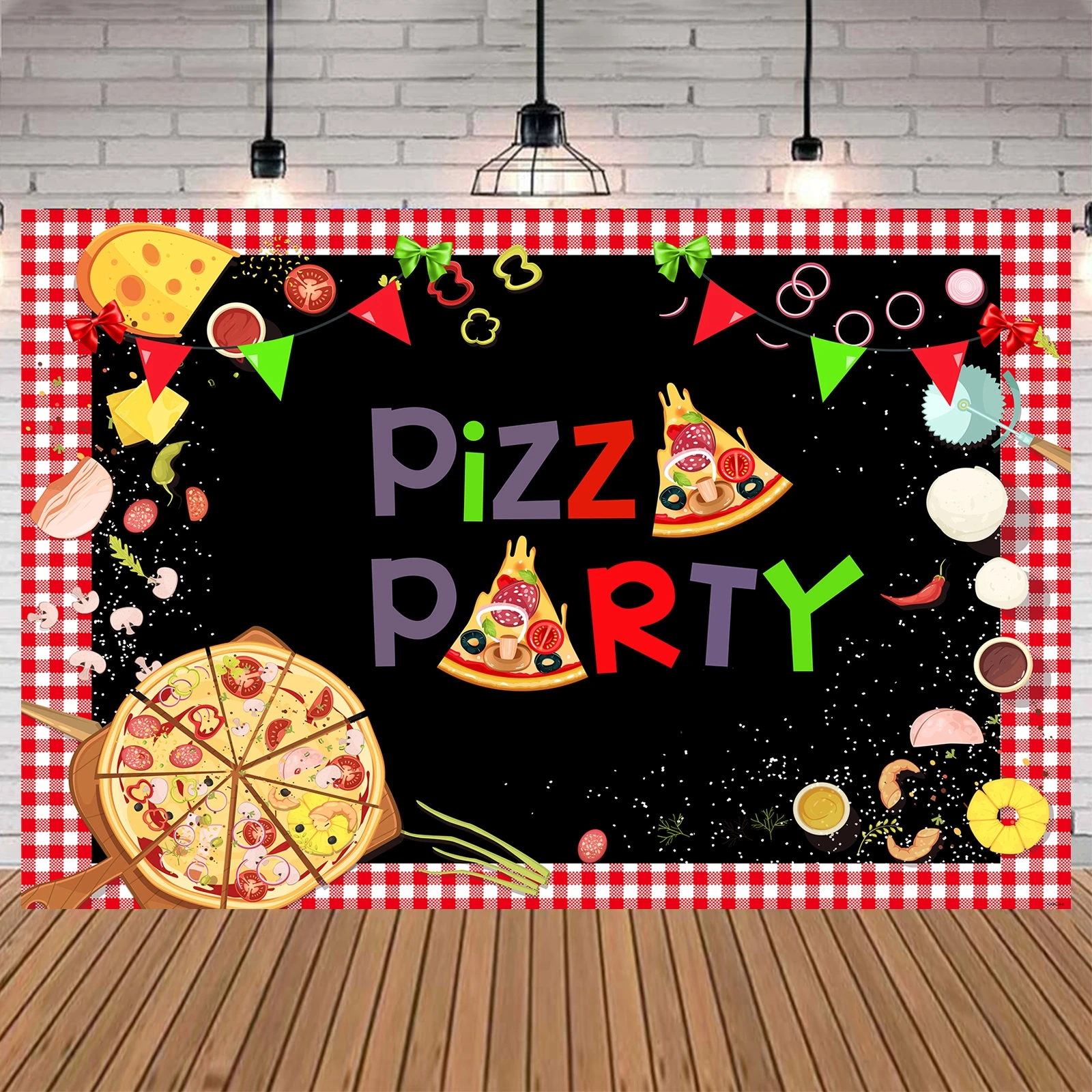 5x3ft Pizza Party Photo Backdrop Props Pizza Color Food Kids Birthday Decor Backdrop Photography Banner for Table Party Decor