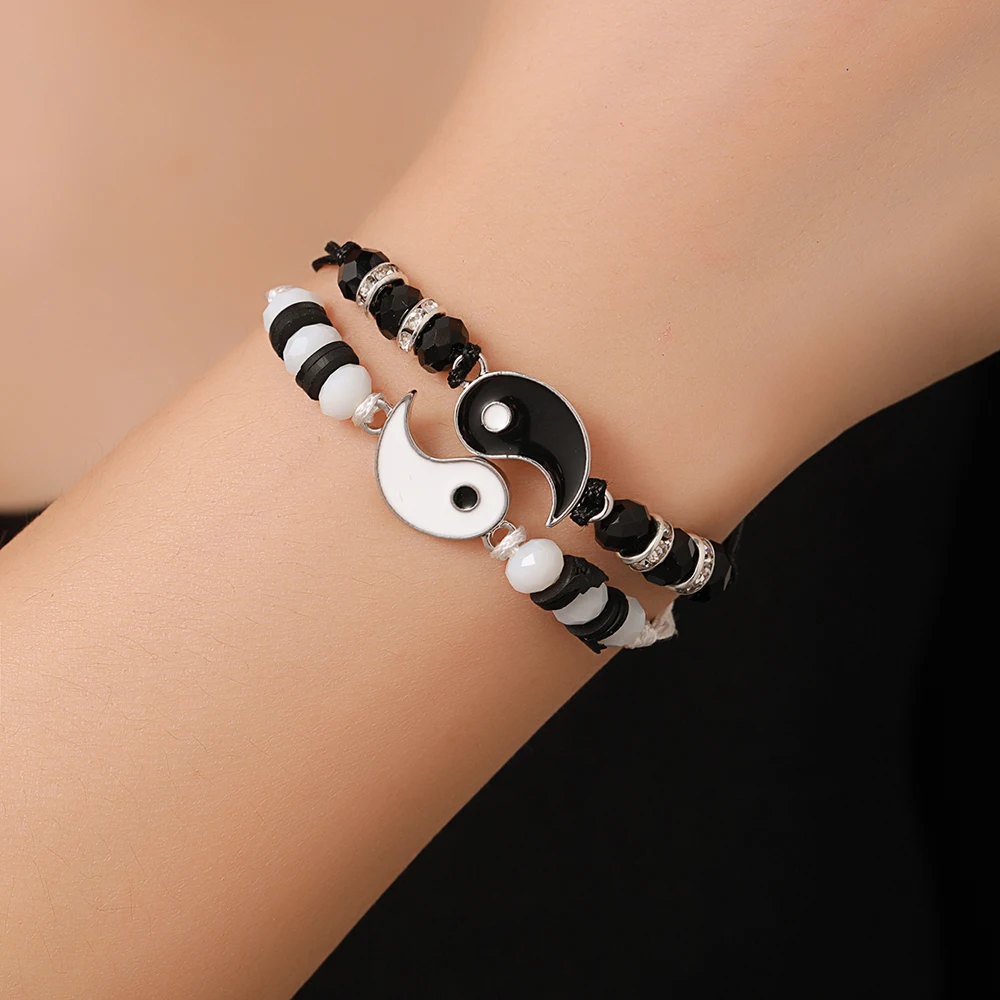 2Pcs/Lot Fashion Enamel Tai Chi Yin Yang Couple Bracelets Sets For Women Men Adjustable Braiding Handwear Matching Lover Gifts