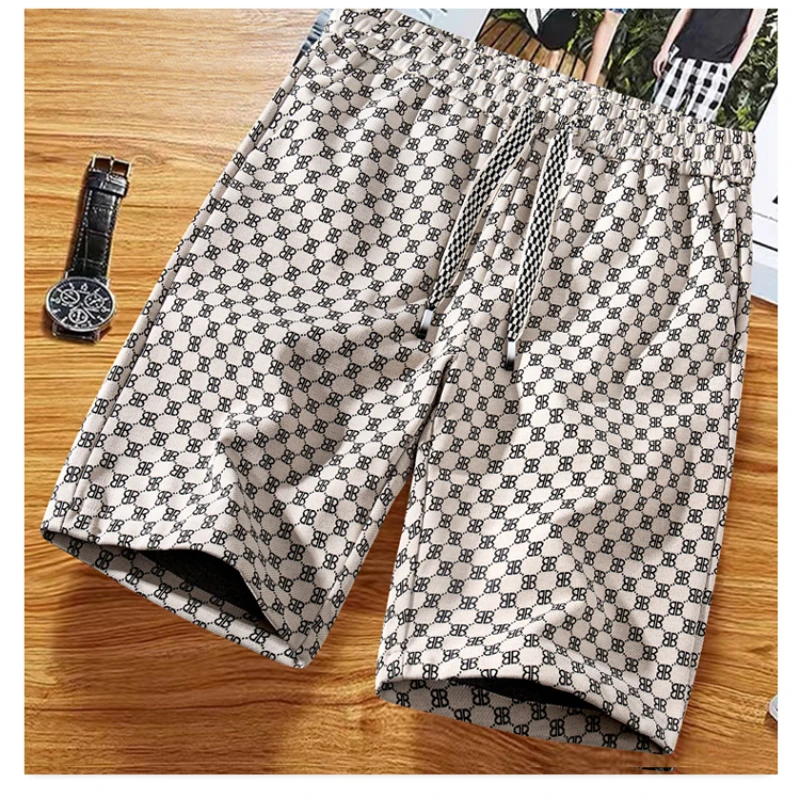 High End Fashion Thin Ice Silk Shorts Men 2025 Summer Korean Fashion Brand Khaki Loose Shorts Men's Beach Casual Print Shorts