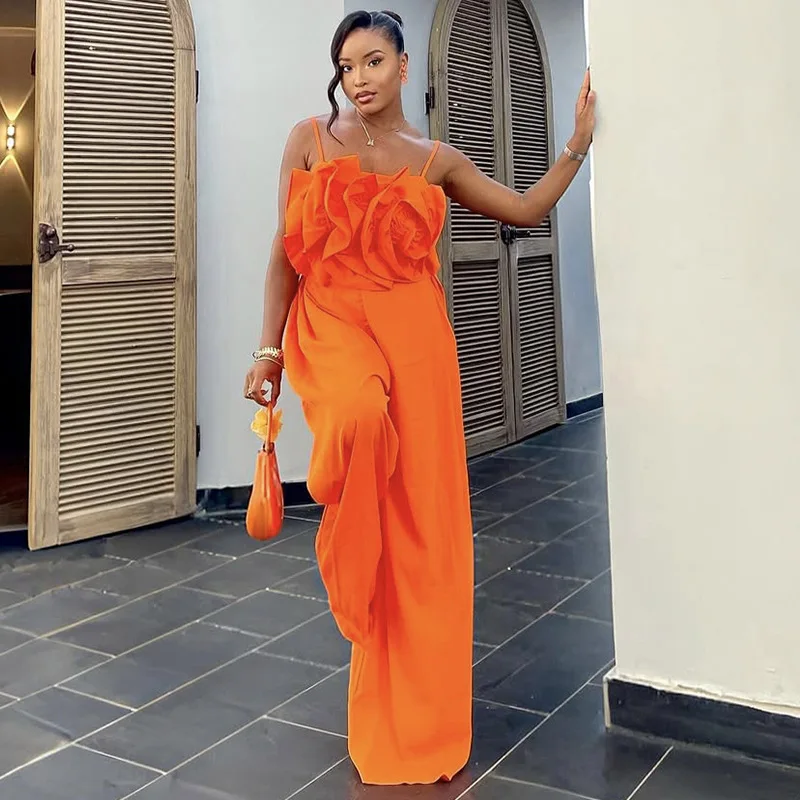 

2025 Summer New Fashionable Women's Jumpsuit Suspender Three-dimensional Chest Flower Solid Color Wide Leg Slim Fit Jumpsuit