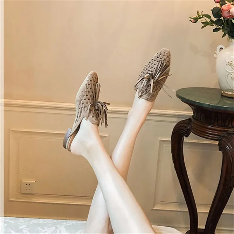 Retro Fringed Women Slippers Knitted Hollow Out Flats Summer Beach Slides Tassels Lazy Mules Female Gladiator Flat Sandals