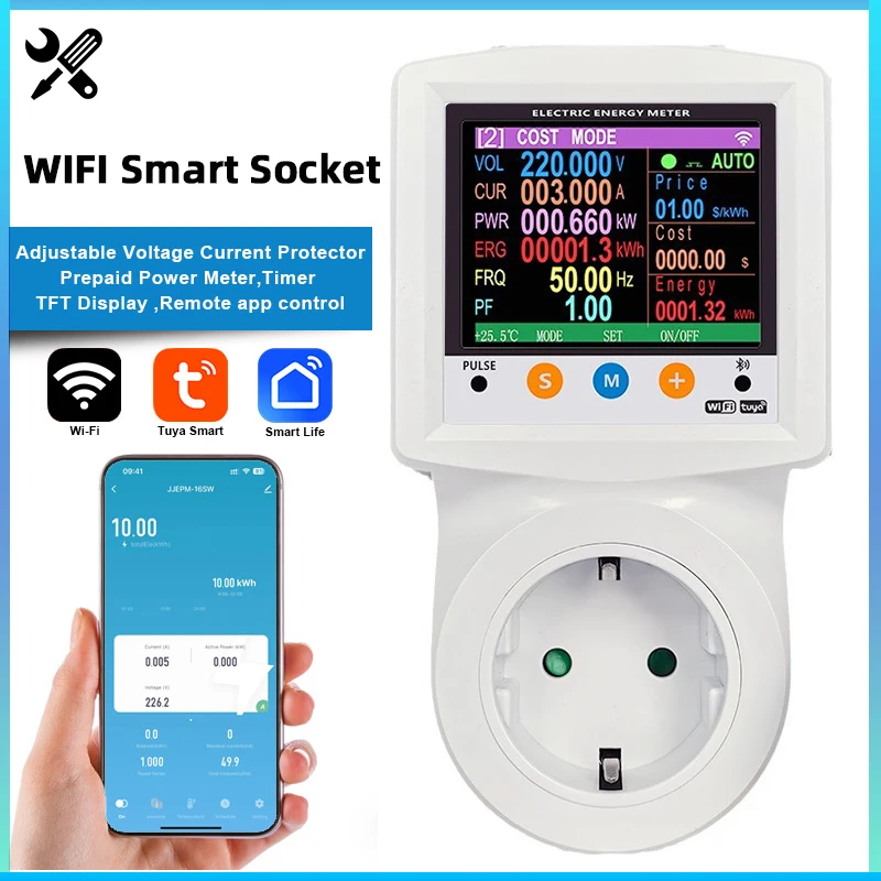 16A Tuya WIFI Smart Socket AC 220V Adjustable Voltage Current Protector TFT Digital Display EU Plug Socket Remote App Control