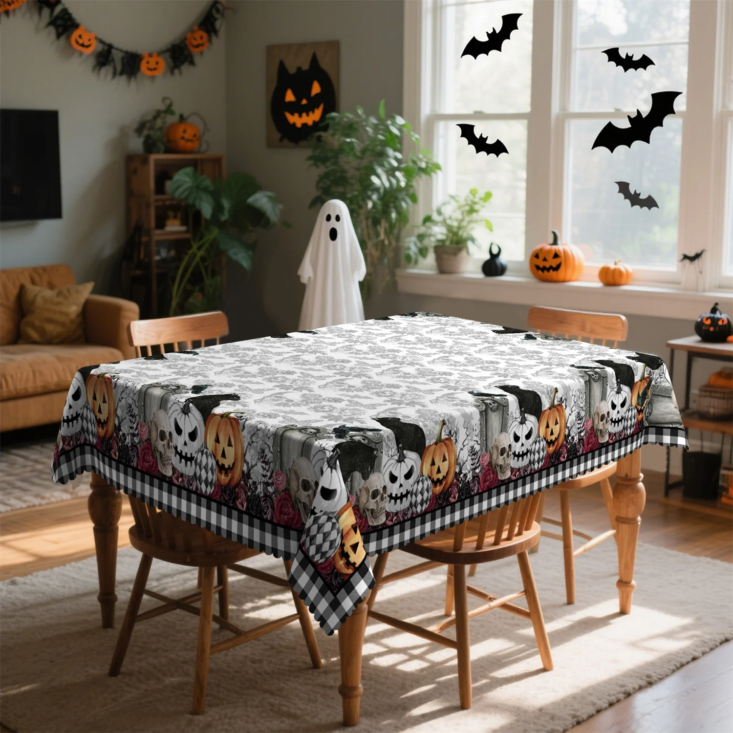 Buffalo Rose Pumpkin Skull Crow Cat Graveyard Halloween Tablecloth - 1 pack - suitable for kitchenzyc