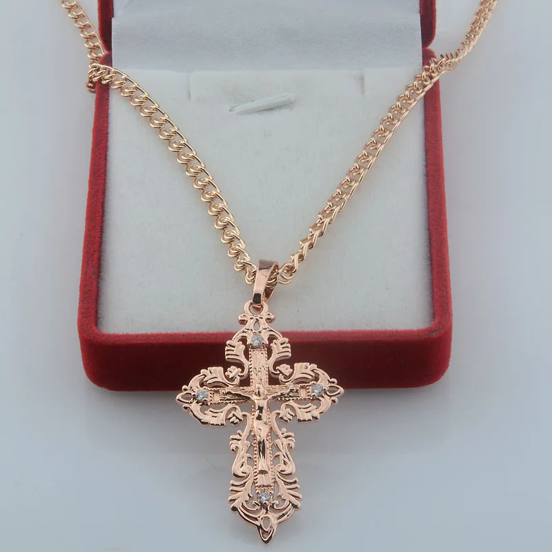 FJ Women New Men Big White Cubic Zircon Cross Pendant 585 Rose Gold Color Chains