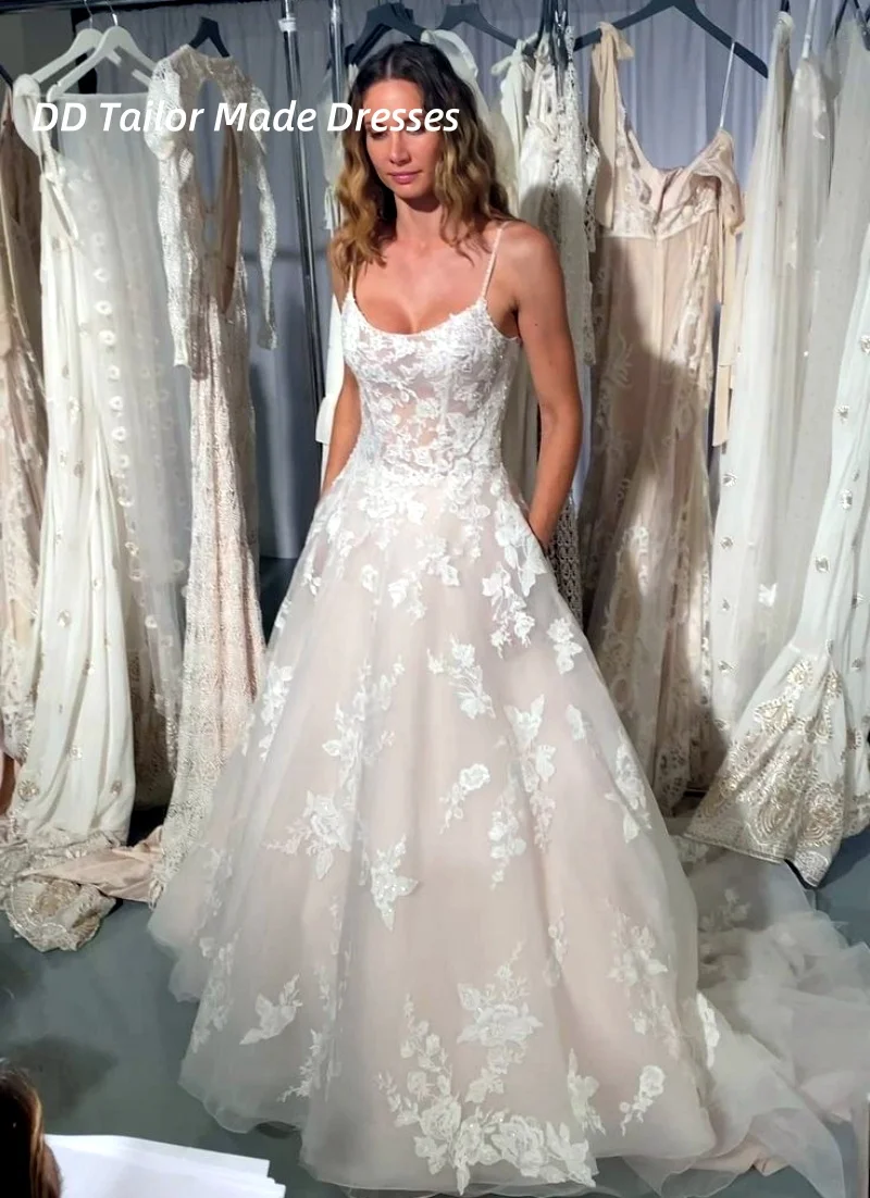 Богемные пляжные свадебные платья с карманами на тонких бретельках, длинные свадебные платья, кружевные аппликации, индивидуальные платья Vestidos De Novia