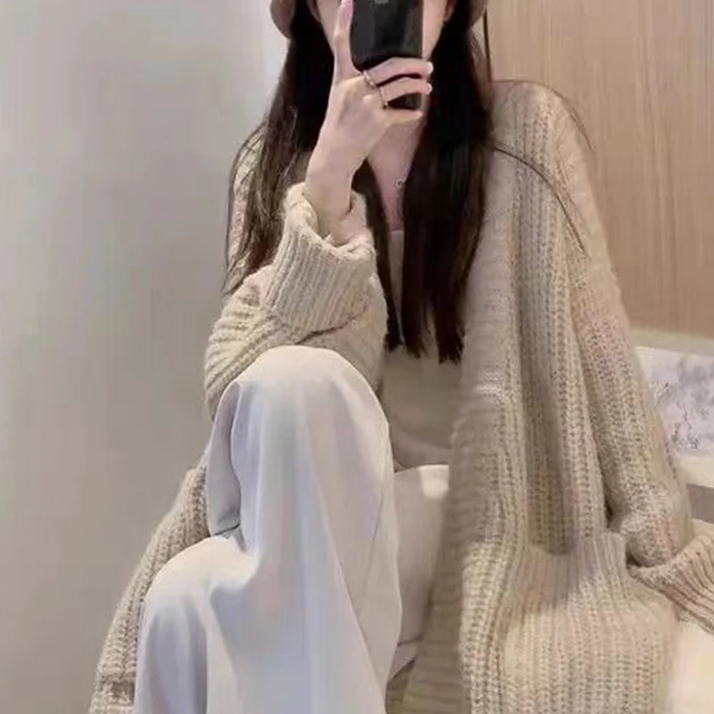 Autumn Winter Women\'s Loose Casual Long Cardigan Sweater Female Fashion All-match Solid Color Knitting Coat Ladies Outwear Tops