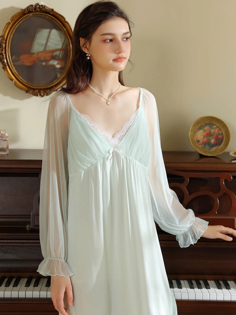 Women Ladies Fairy Ruffles Silk Princess Nightgown Summer French Sweet Vintage Princess Mesh Long Sleeve Nightwear Sleepwear 4