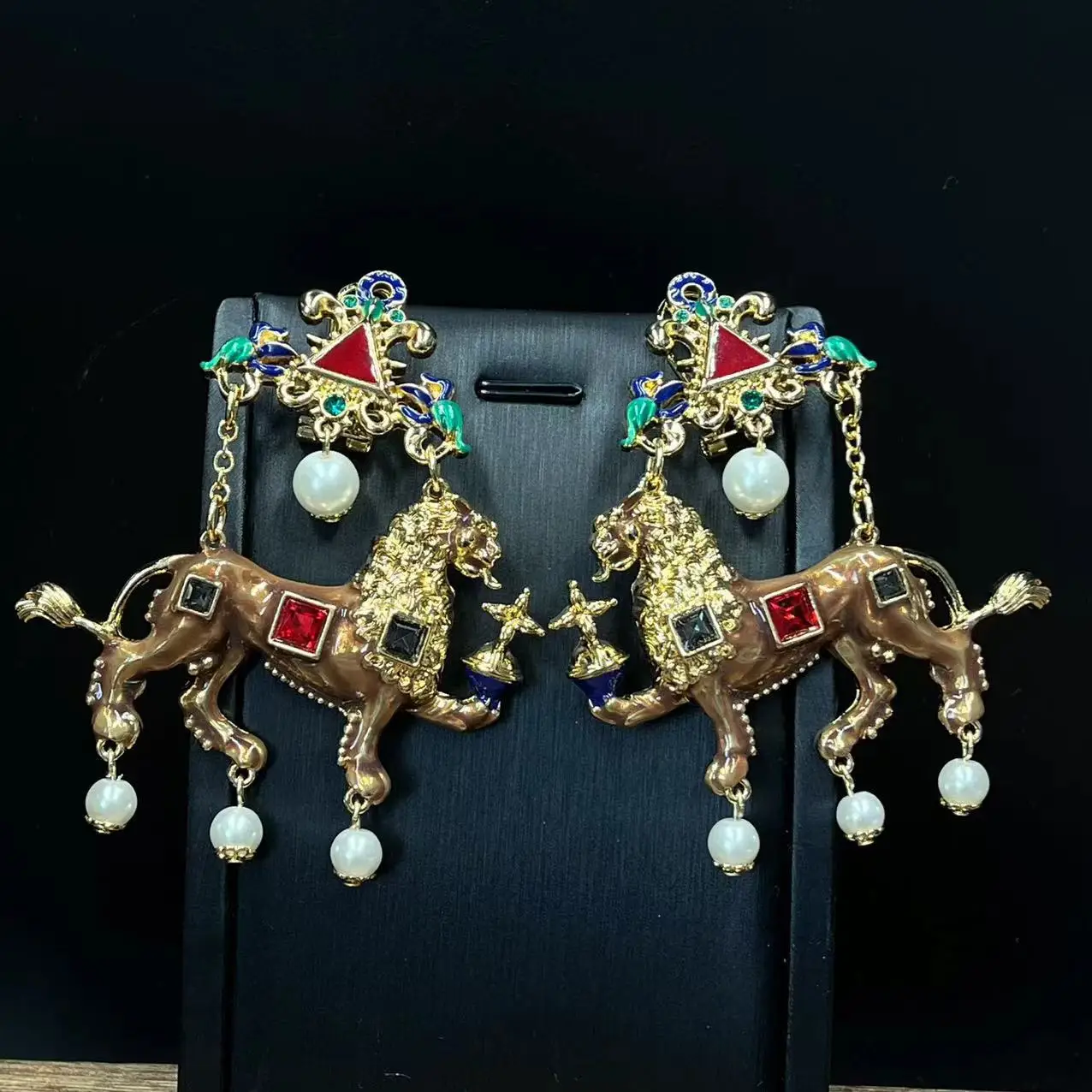 vintage Double horse ears stud decorated enamel heavy industry multi-element earrings medieval earrings for women