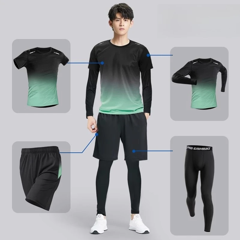 4 pc Men's Quick-drying Sports Gradient Suit Leisure Running Fitness Short Sleeve Comfortable Breathable Long Pants Joker Short