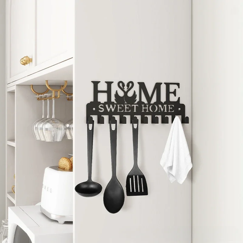 Sweet Home Black Metal Balcony Wall-mounted Clothes Rack Key Holder Kitchen Organizer Bathroom Rangement Hooks Hangers Storage