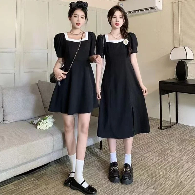 Dresses Women M-5XL Panelled Puff Sleeve Backless Sweet Vintage Slim A-line Korean Style Fashion Summer College Temperament Chic