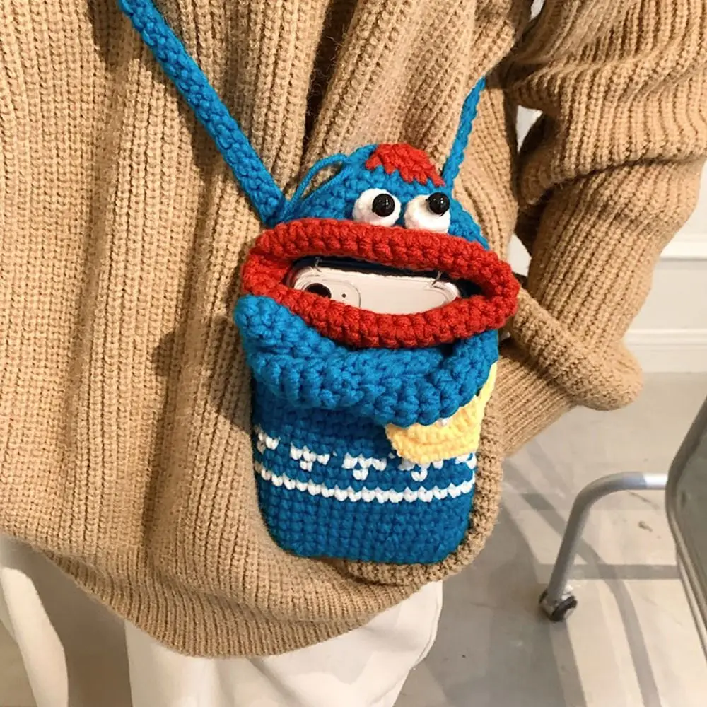 Cartoon Sausage Mouth Knit Phone Bags Funny Coin Purse Korean Style Handmade Crochet Bag Handbag Small Messenger Bag Women