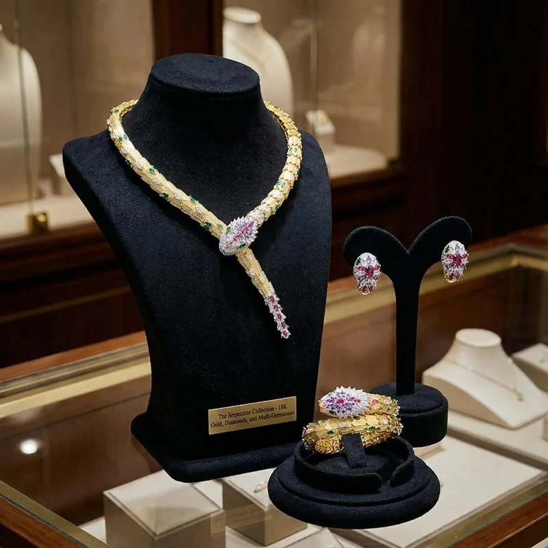Jewelry 3Pcs/Set Vintage Serpent Design Gold Color Colored Cubic Zircon Snake Necklace Bangle Earrings Party Jewelry For Bridal