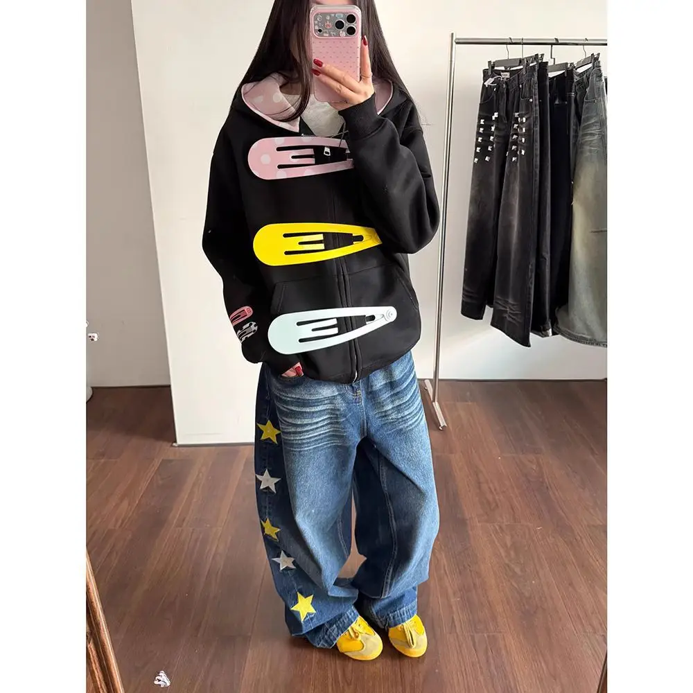 Y2K Women Zip Up Hoodie Colorful Hair Clip Print Hooded Jacket Pink Polka Dot Liner Loose Streetwear Casual LongSleeveSweatshirt
