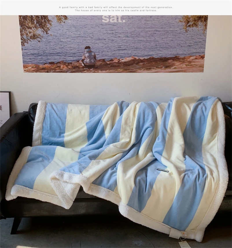 

Simple Nordic Style Fleece Blanket, Contrast Color, Striped Lamb, Sofa, Office, Home, Casual, Lunch Break, Milk