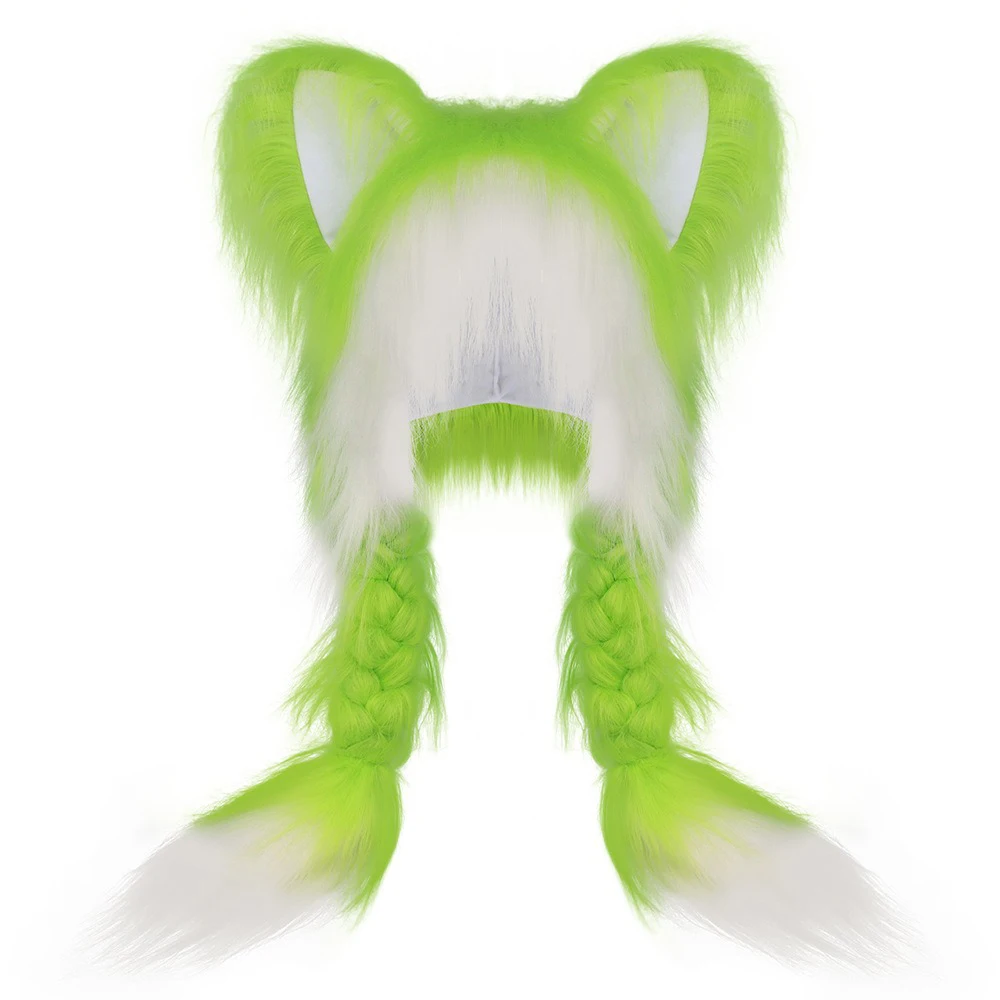 Y2K Cat Ears Hat Kawaii Long Plush Fox Ear Double Braid Fashion Versatile Anime Fall and Winter Cap Halloween Dress Up Headwears