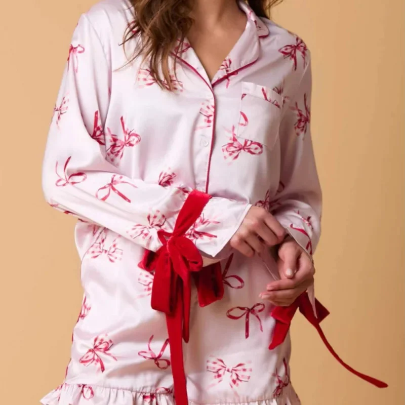 Christmas Pajama Top Pants Set Women European America Imitation Silk Pajama Print Cute Easter Long Sleeved Shorts Home Set New