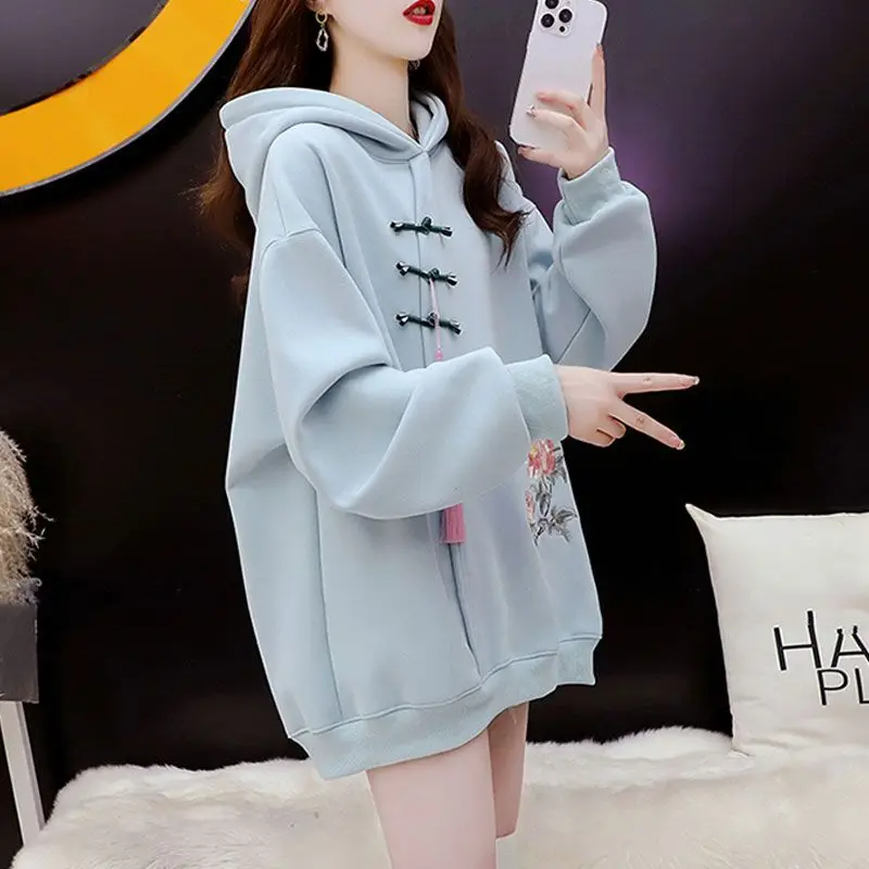 Chinese Style Elegant Embroidered Fleece Hoodies Women Autumn Winter Fashion Buttons Solid Color Coat All-match Temperament Tops