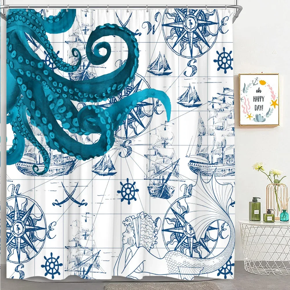 

Vintage Nautical Shower Curtain Ocean Octopus Mermaid Sailboat Map Compass Tropical Plants Polyester Bathroom Decor Curtains Set
