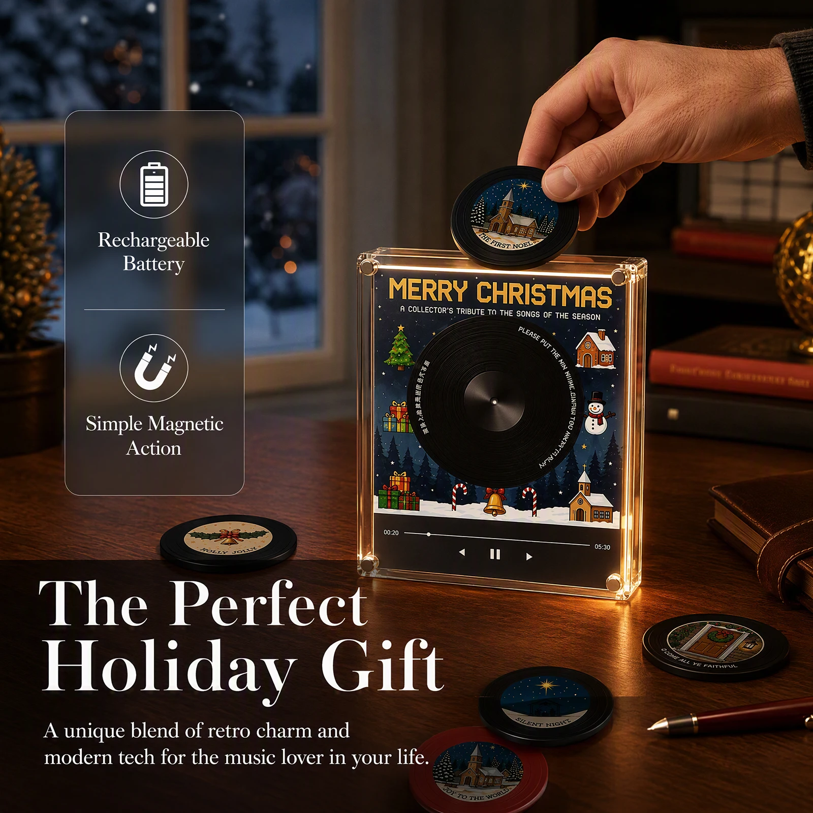 Personalized NFC Sensing Song Player with 9 Programmable Discs LED Light 128MB Retro Recorder Refrigerator Magnetic Decor & Gift