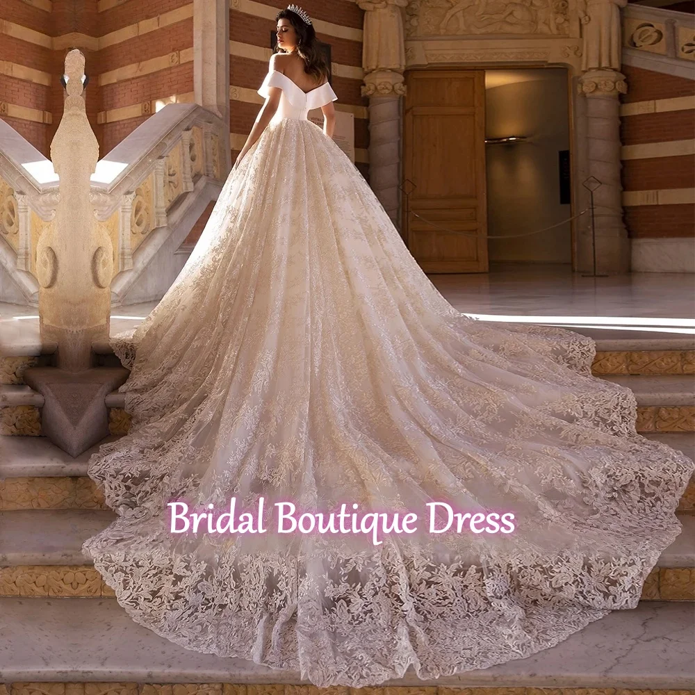 Customized Exquisite Sexy Boat Neck Backless Lace Ball Gown Wedding Dresses  Short Sleeve Applique Cathedral Train Vintage Brida