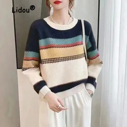 Suéteres a rayas con contraste de Color para mujer, jersey holgado a la moda con cuello redondo, Top tejido de manga larga que combina con todo, Otoño e Invierno 2022