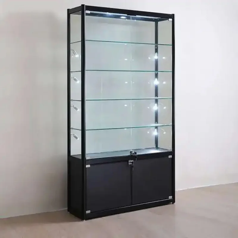 Custom. Glasses Store Display Furniture Aluminum Frame Glass and Wood Showcase with Led Lights Lockable Glass Door Cab