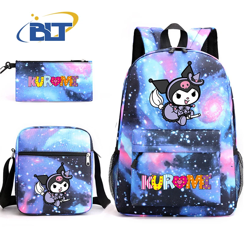 MINISO Kuromi printed student school bag set children's shoulder bag pencil bag backpack three-piece set