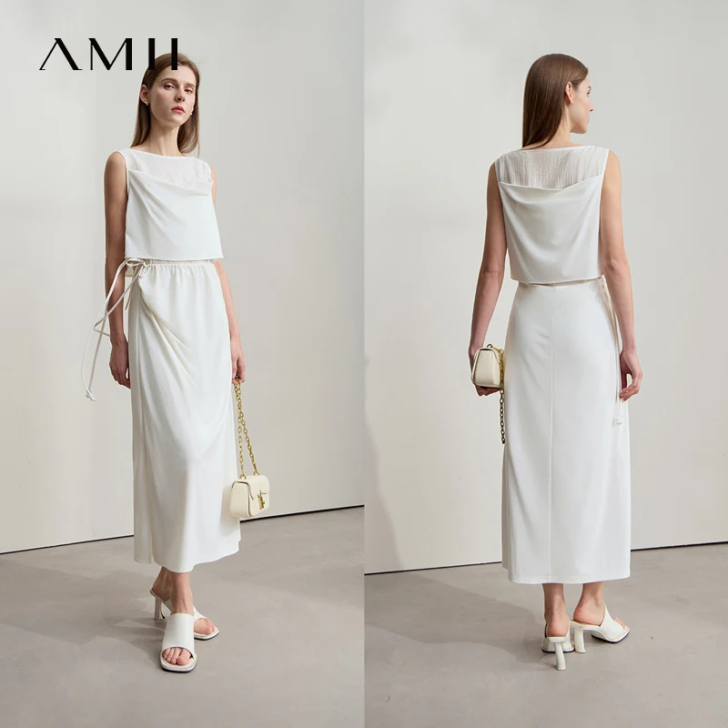 Amii minimalistische casual jurk dames 2023 zomer nieuwe kantoor dame lichte luxe mouwloze gebreide midi-jurken met trekkoord 12542115