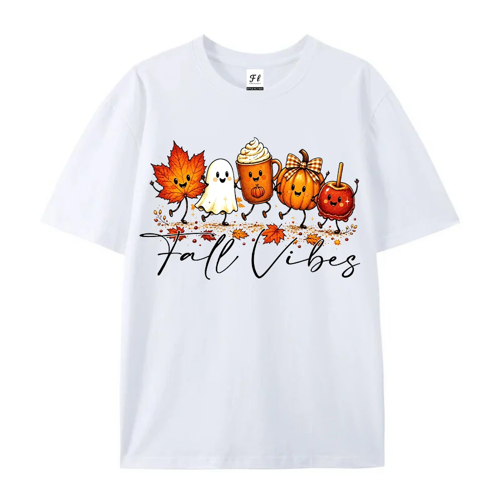 Women T Shirt Fall Vibes Graphic Tees Pumpkin Ghost Maple Leaf Spiced Latte Halloween Christmas Autumn Clothing Short Sleeve