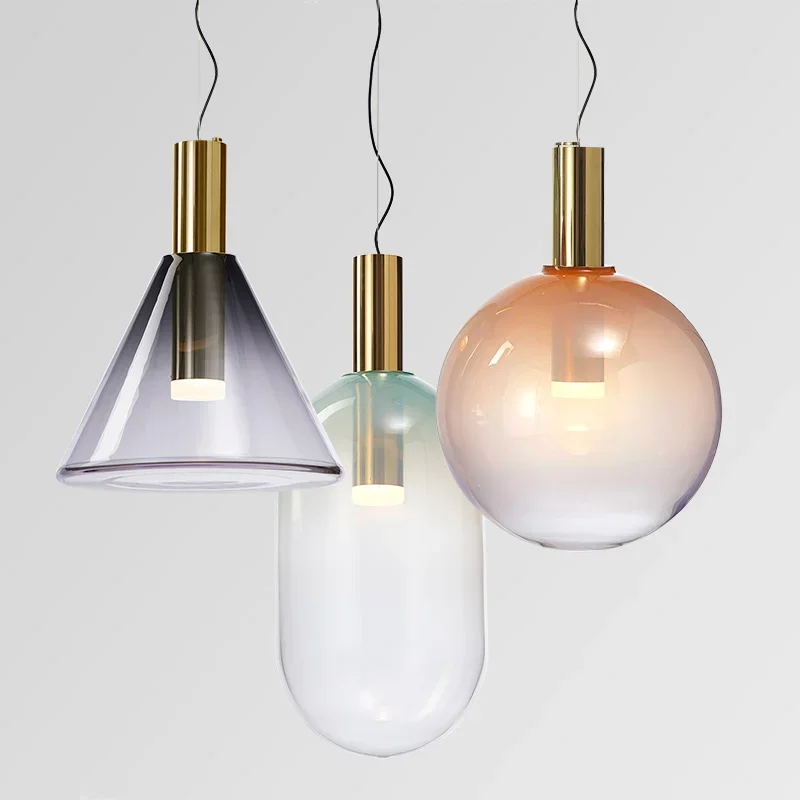 Nordic LED Pendant Lamp Coloured Glass Chandeliers Restaurant Bar Bedside Geometric Cone Pendant Light Indoor Decorative Lamp