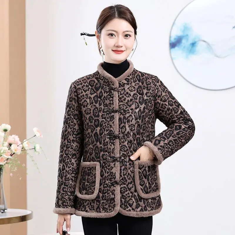 Winter Warm Fleece Lining Parka Vintage Print Women Fleece-lined Coat Single-breasted Winter Outerwear Long-sleeved Top Trend