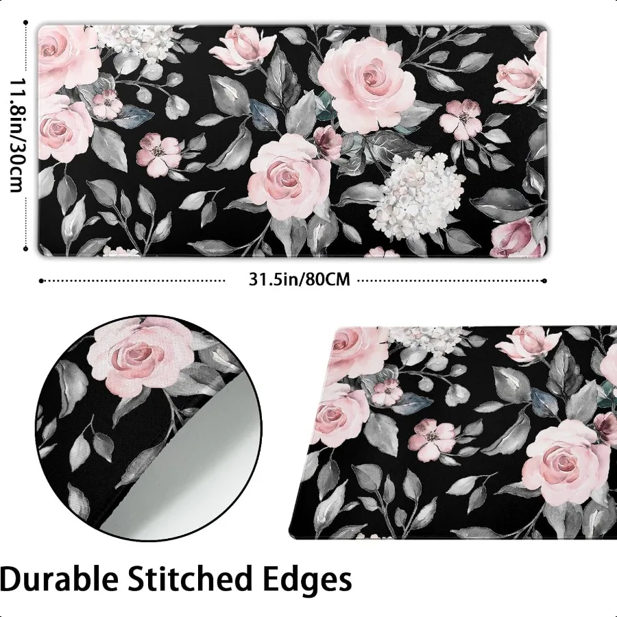 Floral Extended Gaming Mouse Pad NonSlip Rubber Base Black Large Mousepad 31.5x11.8in with Stitched Edge Waterproof Flowers Pad