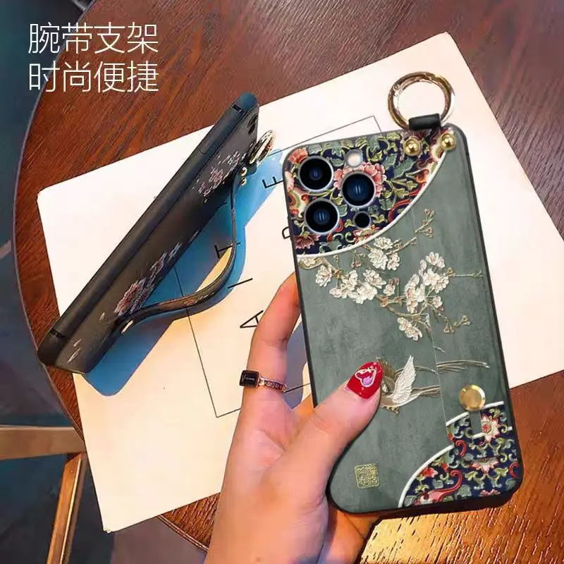 For Embossed Iphone 14 Case Wrist Strap Iphone 15 Pro Chinese Style Flower and Bird 12 Promax Ancient Style 11 Women 13