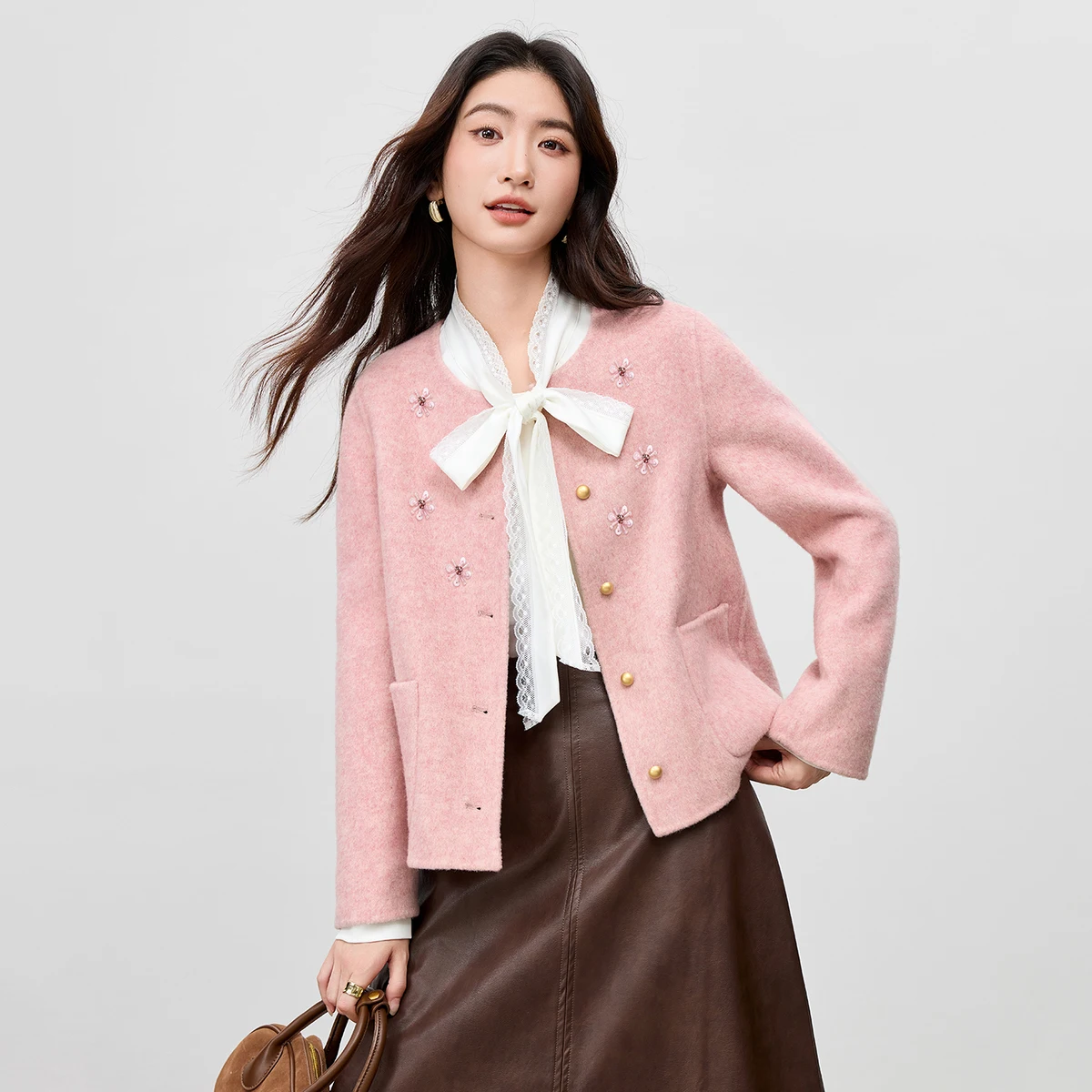 

SENTUBILA женское шерстяное пальто в английском стиле двусторонняя шерстяная куртка 2025 зимняя верхняя одежда с блестками цветами W54OG4932