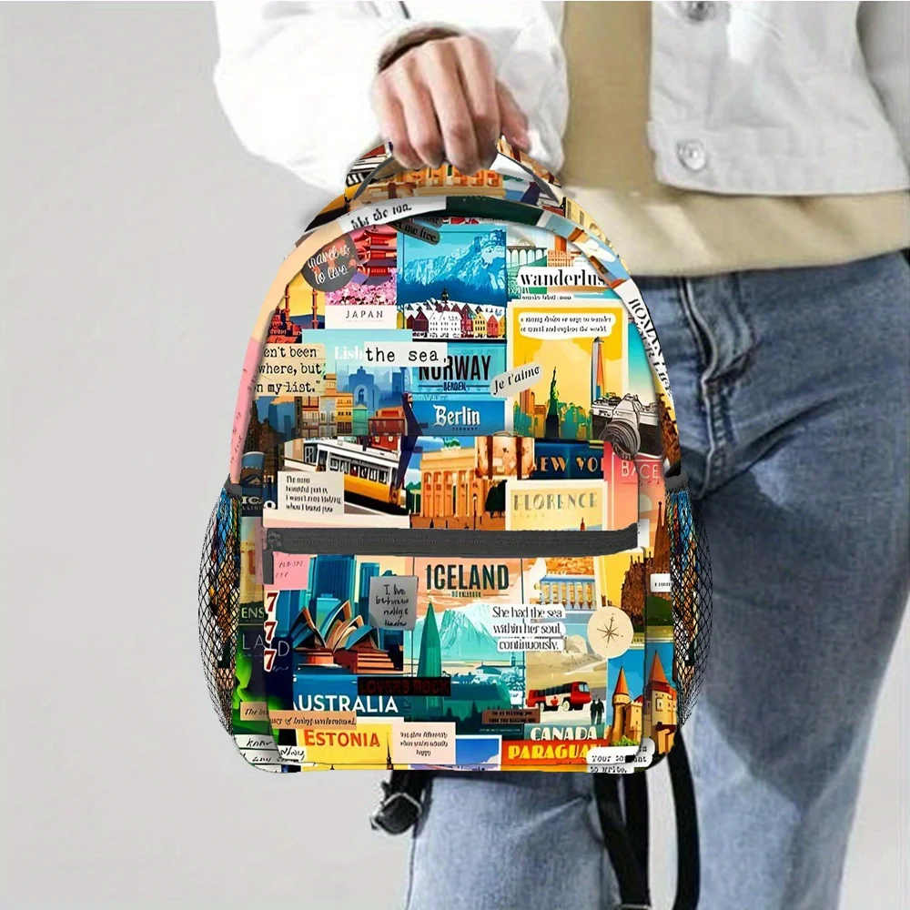 Large Capacity Backpack World Travel Print Backpack with NYC, London, Tokyo Designs - Lightweight Daypack for Travel