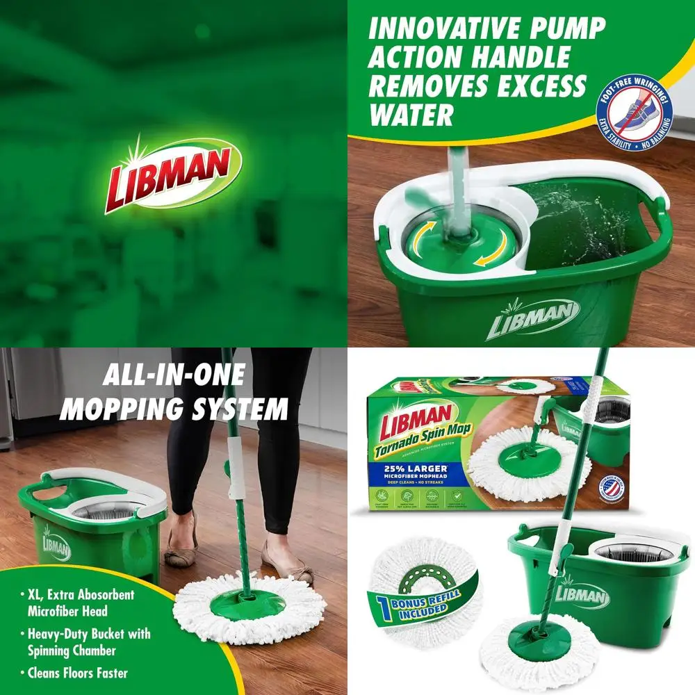 

Libman Tornado Spin Mop System with 1 Reill Mop, Bucket & Wringer Set, Ideal for Hardwood Floor Cleaning, 2 Mops Included.