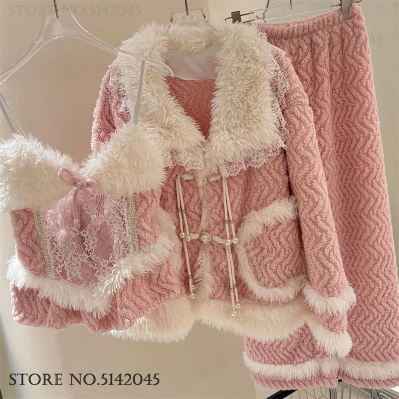 

Осень-зима, новый женский пижамный комплект из 3 предметов, одежда для дома, милая фланелевая одежда для сна, пижамный костюм, утепленное сексуальное женское белье, домашняя одежда