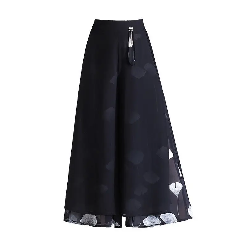 Women Side Slit Chiffon Pants Summer Thin Elastic Waist Wide Leg Pants Chic Droop Trousers Chinese Style Nine Point Pants W35