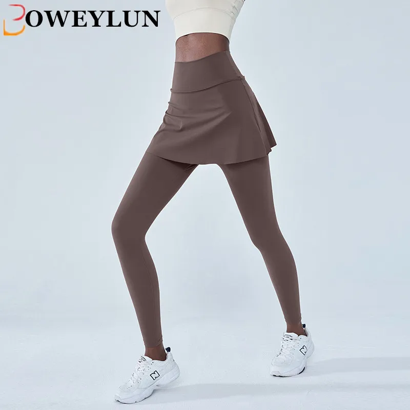 

BOWEYLUN Fake Two-piece Yoga Pants Women High Waisted Hip Lifting Sports Fitness Pants Solid Color Running Skirt Pants Female