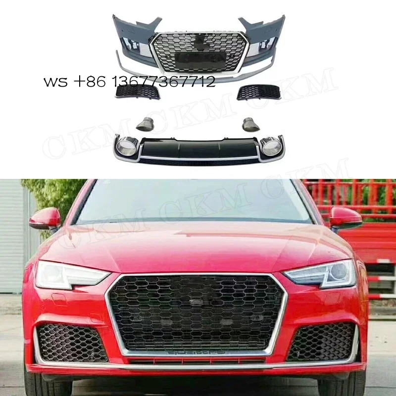 

Factory hot salesPP Material Front Bumper Grills for A4 B9 RS4 2016 2017 2018 Rear Diffuser With Exhaust Tips Racing Car Decora