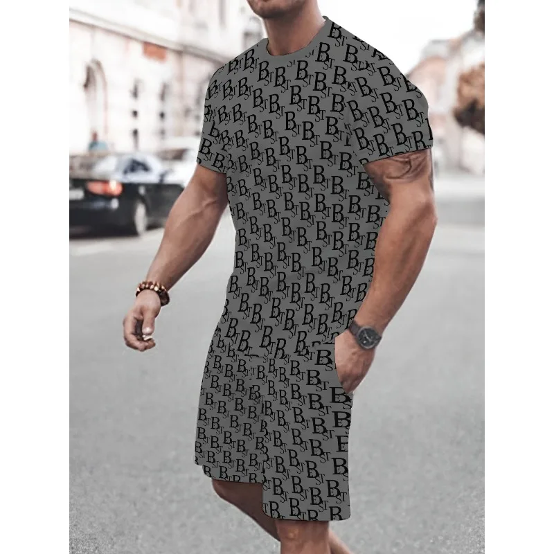 2025 Men's Summer 3D Printed Round Neck Short Sleeved T-shirt and Shorts Set for Daily Leisure, Sports, Breathable Street Wear