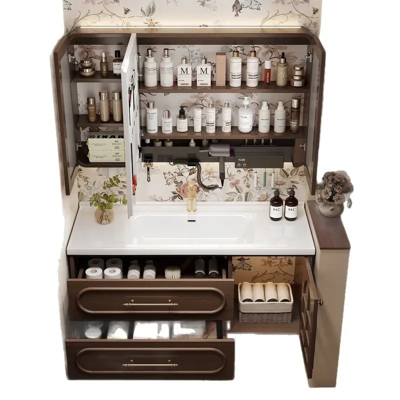 Vintage Solid Wood Bathroom Vanity with Ceramic Integrated Sink Multi Tier Storage Cabinet for Modern Washroom Decor