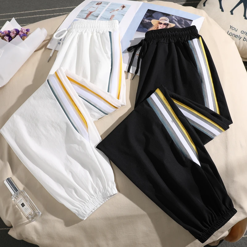 

Женские спортивные брюки-харланы из шелковистой ткани с высокой талией, свободного кроя, корейский стиль, для повседневной носки