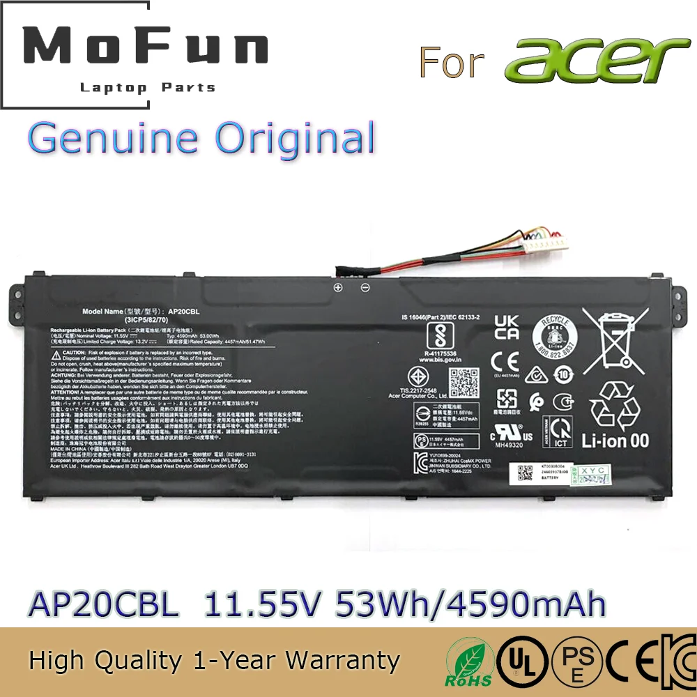 Brand New Original AP20CBL 11.55V 53Wh Laptop Battery for Acer Aspire 5 A515-45 Swift SF314 R5-5500U Chromebook 512 C852 514