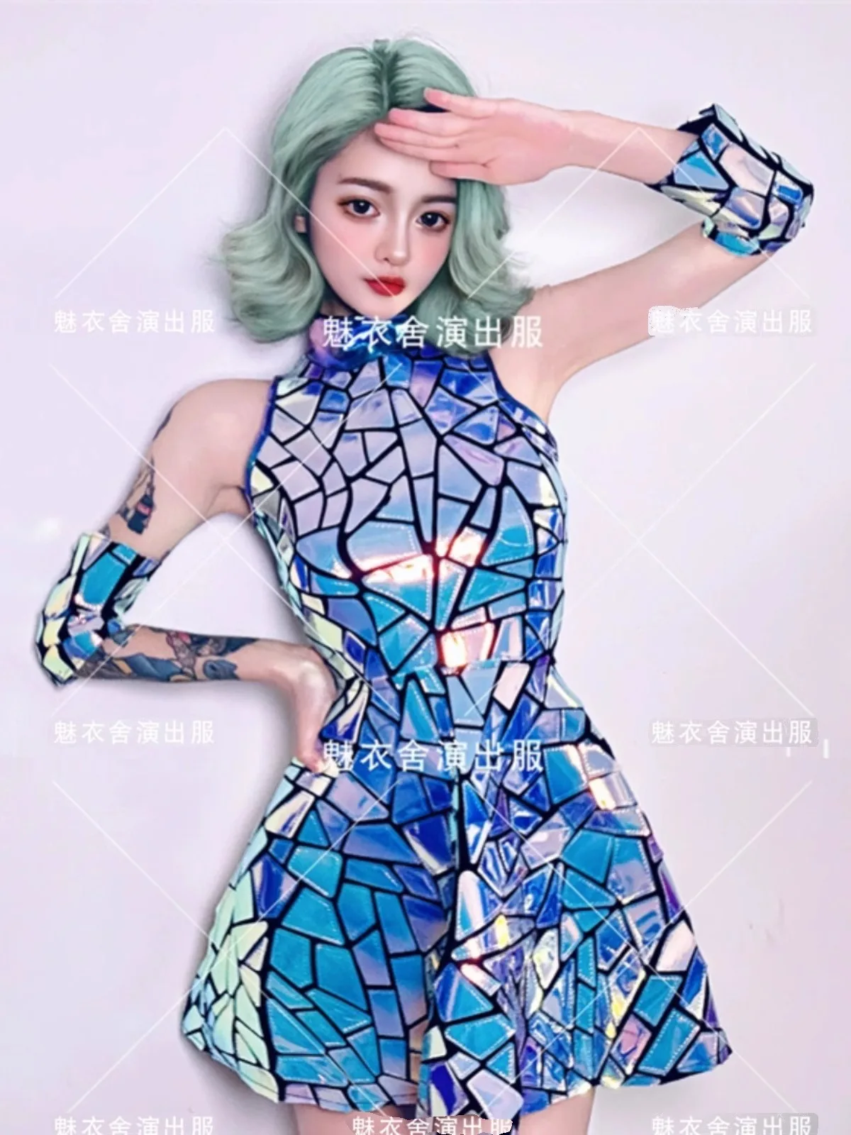 실버 미러 나이트 클럽 드레스 여성 저녁 생일 복장 민소매 반짝 이는 레이저 PU 바 Dj Gogo 댄서 가수 무대 의상